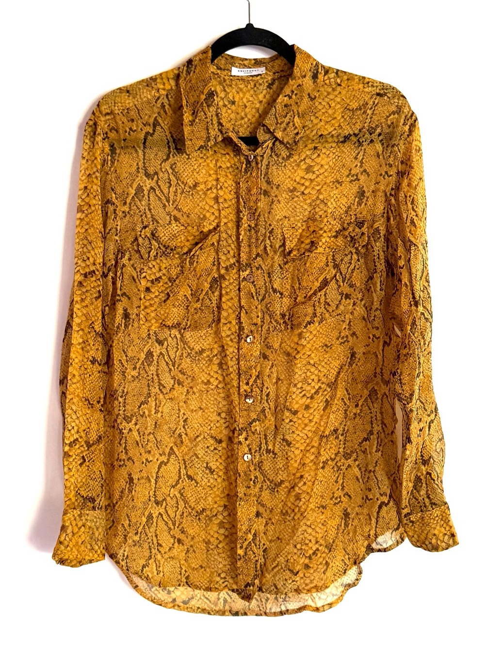 Equipment Femme Golden Orange Reptile Print Sheer Long Sleeve Blouse